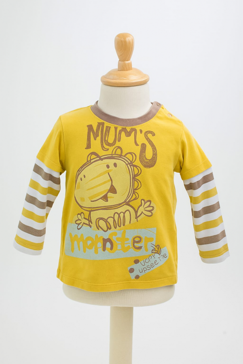 TEE SHIRT MANCHE LONGUE MOUTARDE BEIGE BLANC MOTIF DINOSAURE ORCHESTRA TAILLE 9 MOIS