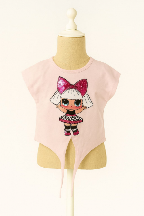 TEE SHIRT MANCHE COURTE ROSE MOTIF POUPEE LOL AVEC PAILLETTE TAILLE 4 ANS