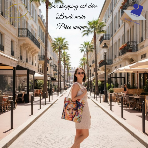 Sac shopping art déco brodé main modèle unique.