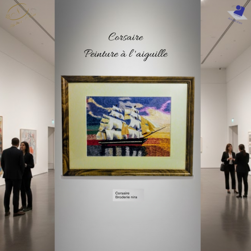 Voilier coursaire tableau unique broderie d'art main