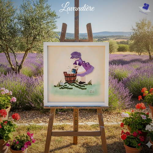 La Lavandière tableau – Aquarelle & Peinture à l’aiguille – Pièce Unique