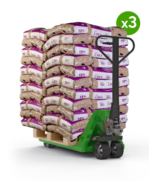 OFFRE 3 PALETTES GRANULES DE BOIS EDEN PELLETS PREMIUM - PALETTE DE 66 SACS DE 15 KG SOIT 990 KG.