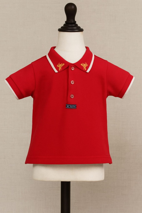 POLO MANCHE COURTE ROUGE LISERE BLANC MOTIF GIRAFE SUR LE COL NATALYS TAILLE 6 MOIS